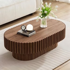 KTMBDW 43.1" Oval Coffee Table, Mid Century Modern Fluted Coffee Table with Pedestal, Wood Coffee Table for Living Room, Apartment, Office, Walnut - 1 of 4