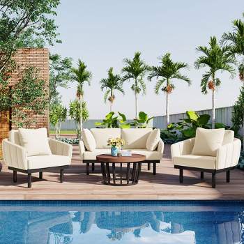 Modern 4-Piece Outdoor Iron Frame Conversation Set, Patio Chat Set with Acacia Wood Round Coffee Table 4M - ModernLuxe
