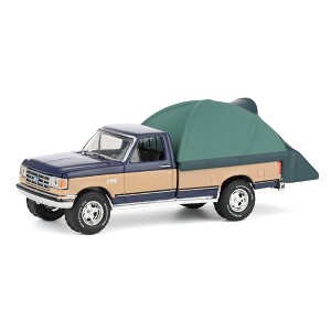 Greenlight 1/64 1987 Ford F-150 XLT Lariat, Dark Blue & Tan with Modern Truck Bed Tent, The Great Outdoors Series 4 38080-D - 1 of 4