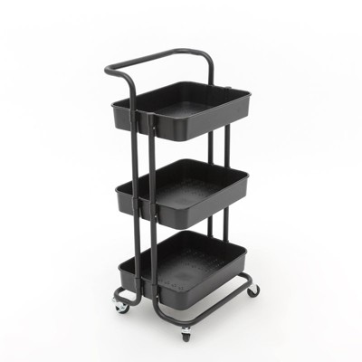 Pemberly Row 3 Tier Rolling Utility Cart with Storage in Black