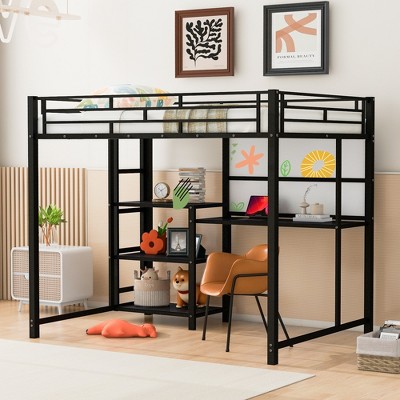 Full Size Loft Bed with Desk and Whiteboard, Metal Bed with 3 Shelves and Ladder, Black - ModernLuxe