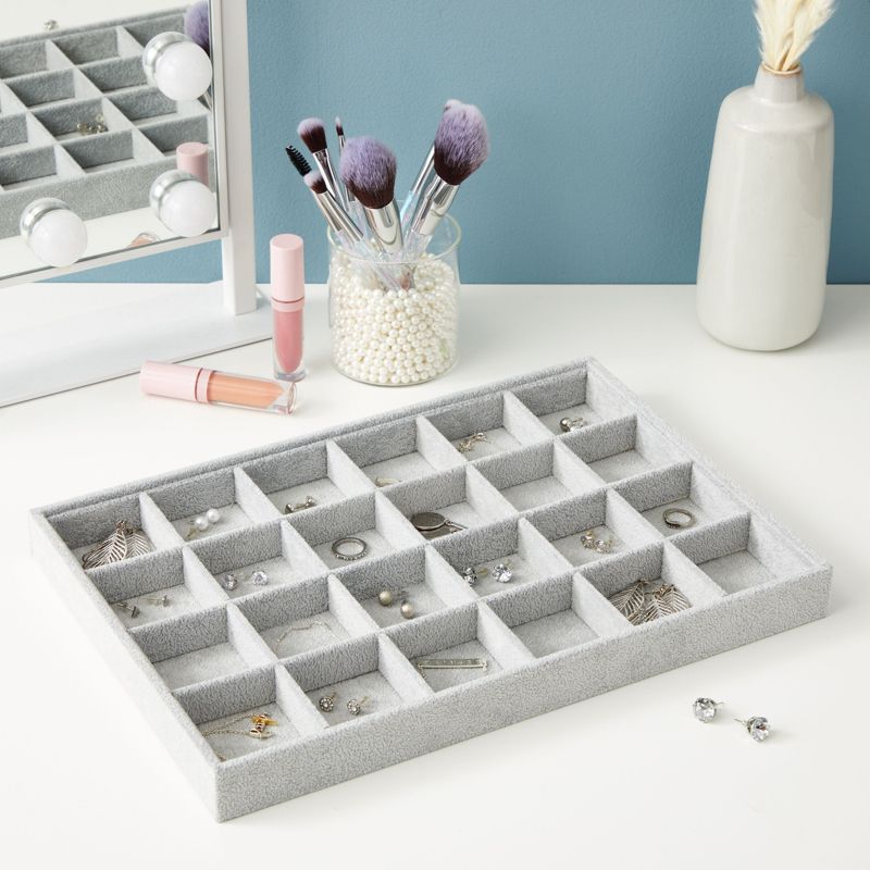 Juvale Velvet Jewelry Tray, Stackable 24 Grid Organizer for Earrings, Rings (Gray, 14x10 in), 2 of 9