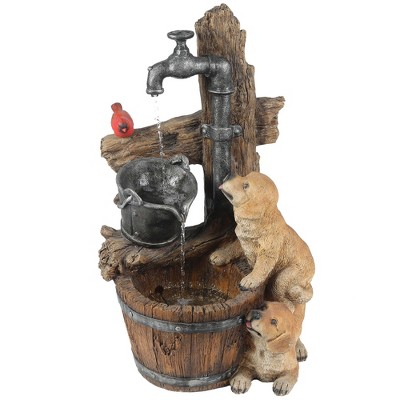 LuxenHome 30" Farmhouse Playful Puppy Resin Water Fountain Outdoor with Barrel and LED Lights Brown