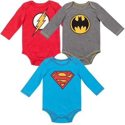 Image of Warner Bros. Justice League Superman Batman Flash Baby 3 Pack Long Sleeve Bodysuit