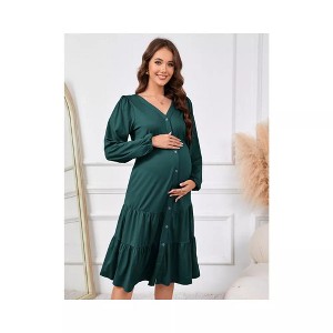 Clearlove Womens Elegance Maternity Dresses Long Sleeve Midi Dress Casual V Neck Button Down Tiered Flowy Aline Waist Shirt Dress - 1 of 4