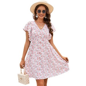 Women's Ruffle Babydoll Dress Short Sleeve V Neck High Waist Botton Casual Loose Flowy Swing Pleated Tunic Dress - 1 of 4