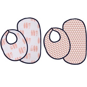 Bacati - Olivia Coral/Navy Feathers/Triangles Muslin 4 pc set of Bibs & Burp Cloths Set - 1 of 4