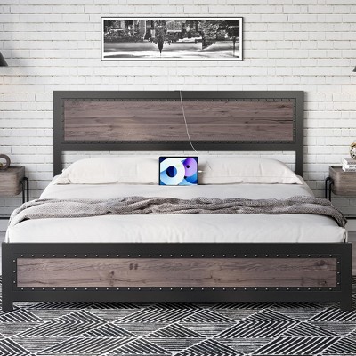 Bed Frame with Headboard, Industrial Platform Bed Frame Queen Size with Charging Station, Riveted Decoration,Wooden Mattress Base