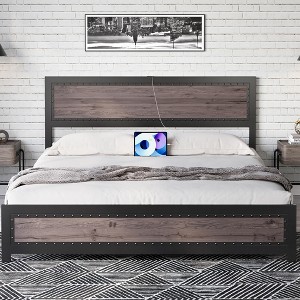 Bed Frame with Headboard, Industrial Platform Bed Frame Queen Size with Charging Station, Riveted Decoration,Wooden Mattress Base - 1 of 4