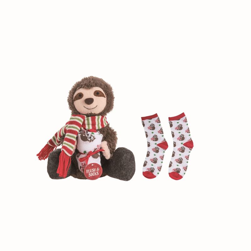 Transpac Fabric Multicolored Christmas Plush Sloth with Socks, 1 of 2