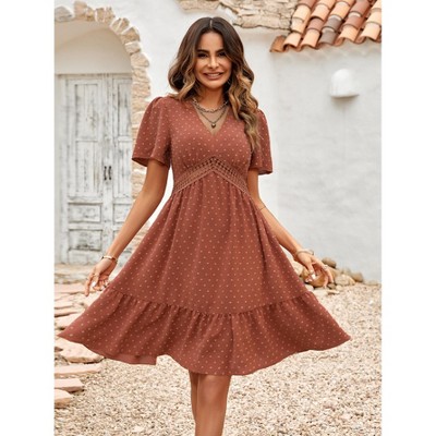 Women's V - Neck Solid Color Dress with Ruffle Sleeves, Flowy A - Line Dress for Casual & Summer