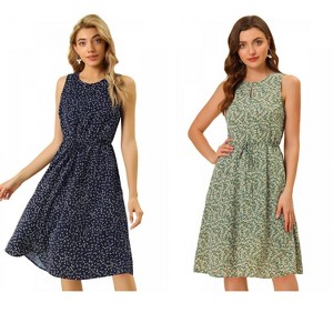 Allegra K Women's Printed Split Neck Drawstring Waist Sleeveless A-Line Floral Midi Dress 2 Packs - 1 of 4