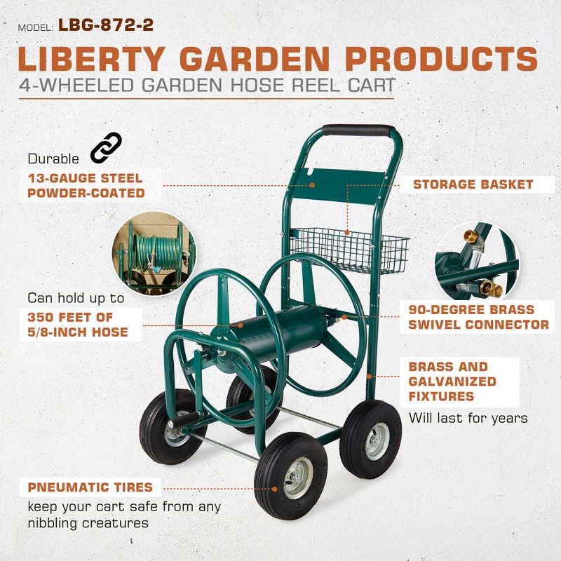 Liberty Garden Products LBG-872-2 4 Wheel Hose Reel Cart Holds up to 350 Feet of 5/8" Hose with Basket for Backyard, Garden, or Home, Green, 2 of 7