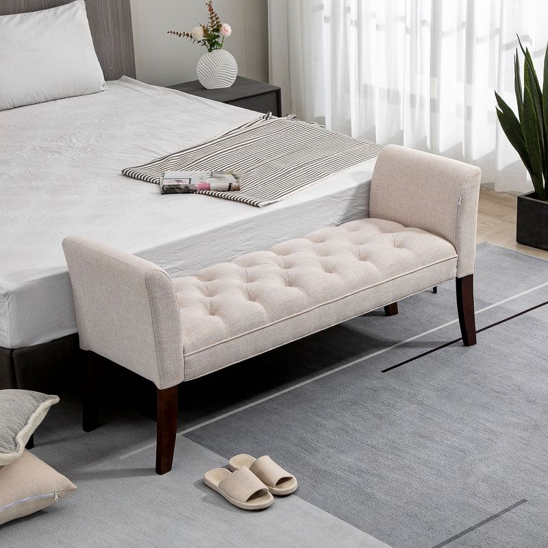 HOMCOM End of Bed Bench with Button Tufted Design, Upholstered Bench with Arms and Solid Wood Legs for Bedroom, 2 of 7