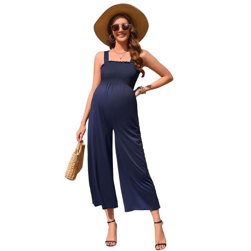 Maternity Jumpsuit Summer Smocked Sleeveless Casual Long Pants Loose Wide Leg High Waist Romper Overalls Pockets, 1 of 8