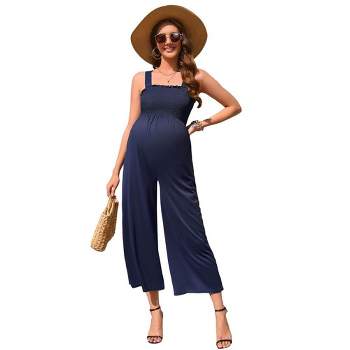 Maternity Jumpsuit Summer Smocked Sleeveless Casual Long Pants Loose Wide Leg High Waist Romper Overalls Pockets