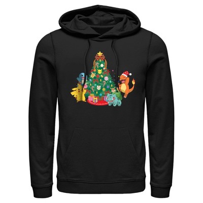 Men s Pokemon Christmas Tree Characters Pull Over Hoodie Black 3X Large