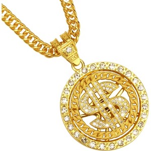 18K Gold Hip Hop Necklace for Men - Dollar Sign & Lion Head Pendant, 30 Inch - 1 of 4