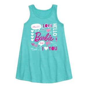 Girls' - Barbie - Valentine's Collage Graphic Sleeveless Aline Dress - 1 of 3