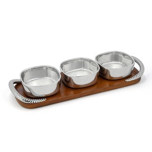Nambe Braid Condiment Trio, Designed by Sean O’Hara – Square Alloy Bowls with Acacia Wood Serving Tray & Chrome Handles– Appetizer, Dip & Snack Server - 1 of 4