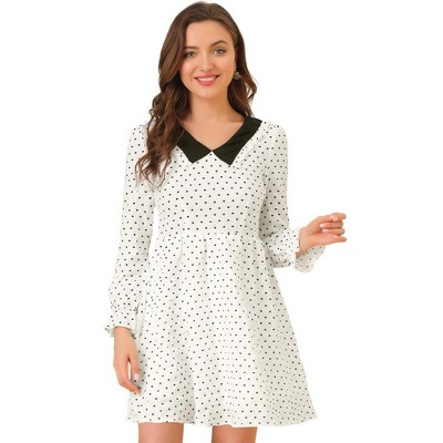 INSPIRE CHIC Women's Contrast Collared Long Sleeve Heart Printed A-Line Dress