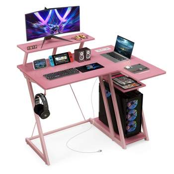 Tangkula Computer Desk w/ Built-in Charge Station Metal Frame Gaming Desk w/ Monitor Shelf Modern Writing Desk Workstation Table for Office Room Black/White/Pink