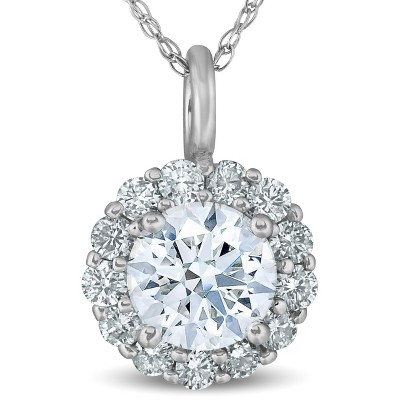Pompeii3 3/4 Ct TW Round Cut Diamond Halo Solitaire Pendant 14k White Gold Necklace