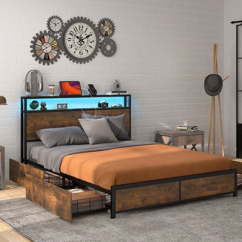 Tangkula Full/Queen Industrial Platform Bed Frame with Storage Drawers & LED Lights Headboard, 2 of 11