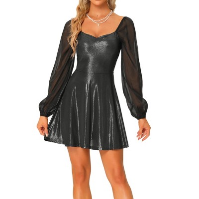 Allegra K Women's Sparkly Metallic Sweetheart Neck Semi Sheer Long Sleeve Mini Dress