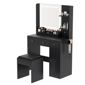 Makeup Vanity Table with LED Mirror, Power Outlets, USB Ports, Drawers, Hair Dryer Slot, Shelves, Stool - 1 of 4