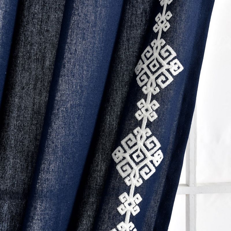 Luxury Modern Geo Linen Like Embroidery Border Window Curtain Panel Navy Single 52X84, 4 of 6