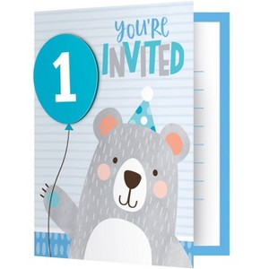 8ct 1st Birthday Bear Print Invitation, Blue Gray White