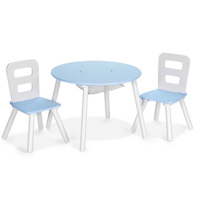 Costway Kids Wooden Round Table & 2 Chair Set w/ Center Mesh Storage White\Blue\Green\Pink\Purple