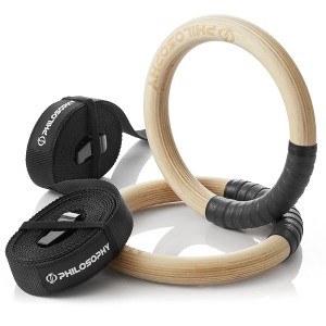 Philosophy Gym Wood Gymnastic Rings 1" or 1.25" Grip with Adjustable Straps and Grip Tape for Pull Ups, Dips, Muscle Ups - 1 of 4