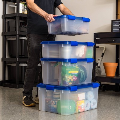 60 Quart Clear Plastic Storage Bins with Blue Lids, Set of 4