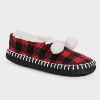 tartan slippers with pom poms