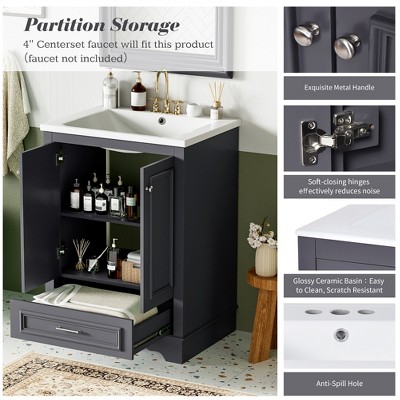 24'' Gray Freestanding Bathroom Vanity with Ceramic Sink