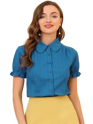 INSPIRE CHIC Women's Short Sleeve Button Down Peter Pan Collar Blouse