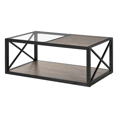 Industrial Modern Coffee Table - Half Tempered Glass & Rustic Wood MDF, X-Frame Design for Living Room & Bedroom