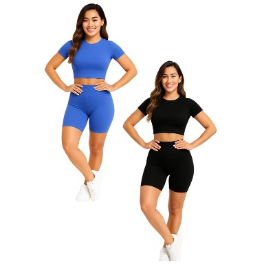 Womens Seamless 2 Piece Activewear Set- Crop Top and Biker Short