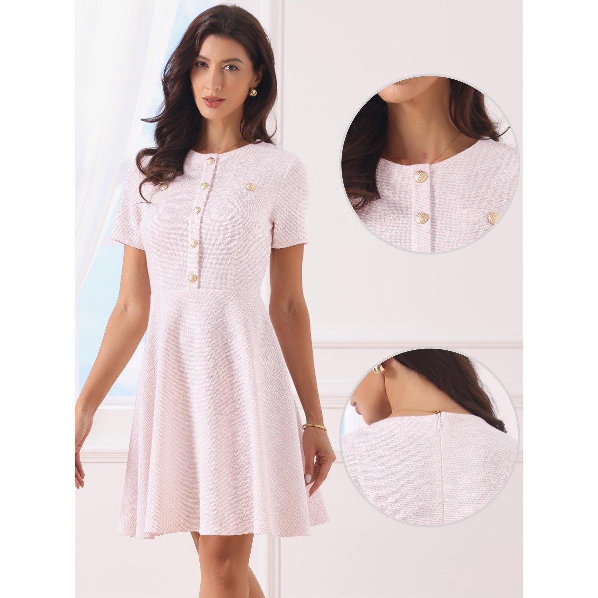 Женские платья INSPIRE CHIC Women's Plaid Round Neck Short Sleeve A-Line Vintage Mini Tweed Dresses Medium Pink — фото 2