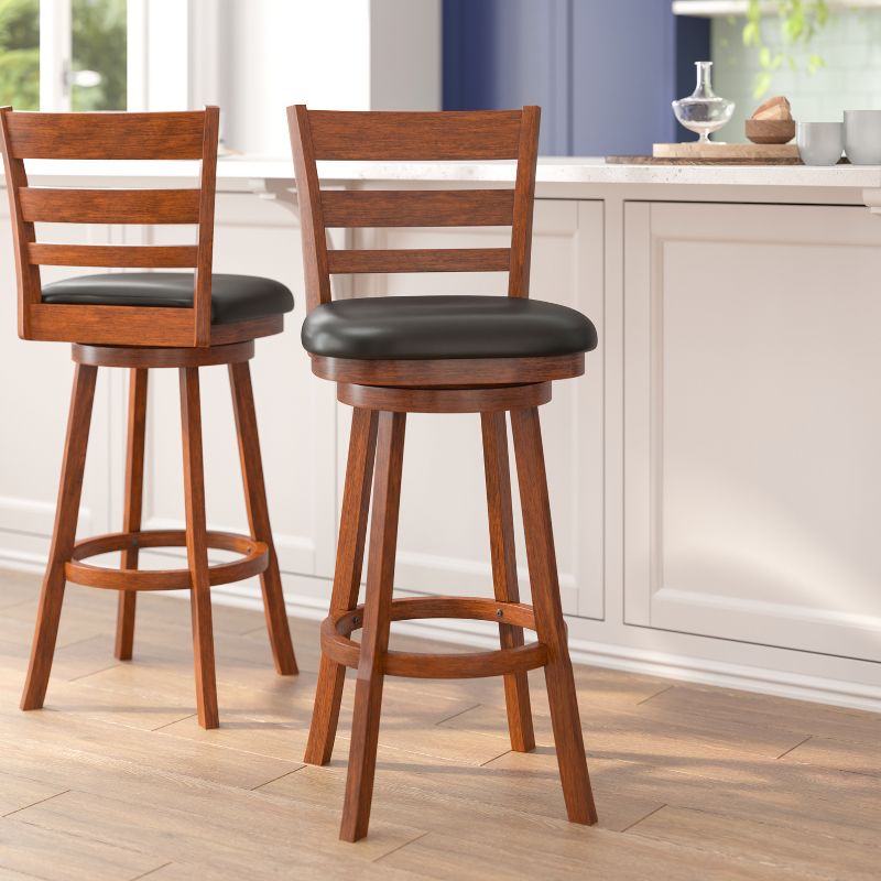 Flash Furniture Zerrick Commercial Grade Wood Classic Ladderback Swivel Bar Height Barstool with Padded, Upholstered Seat, 3 of 13