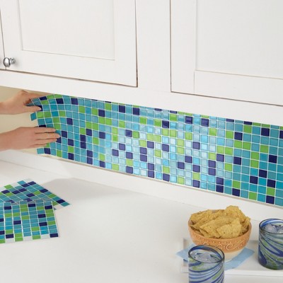 Blue-Green Adhesive Mosaic Backsplash Tiles Set of 6