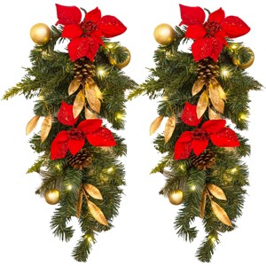Barton 2PCS 28" Christmas Teardrop Swag Wreath Red & Gold w/Pinecones Pre-Lit - 1 of 3