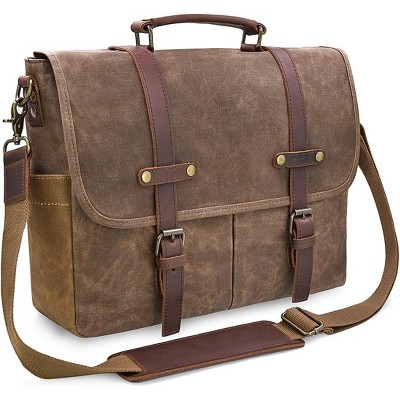 15.6 Inch Mens Messenger Bag Waterproof Vintage Genuine Leather Waxed Canvas Briefcase Large Leather Computer
