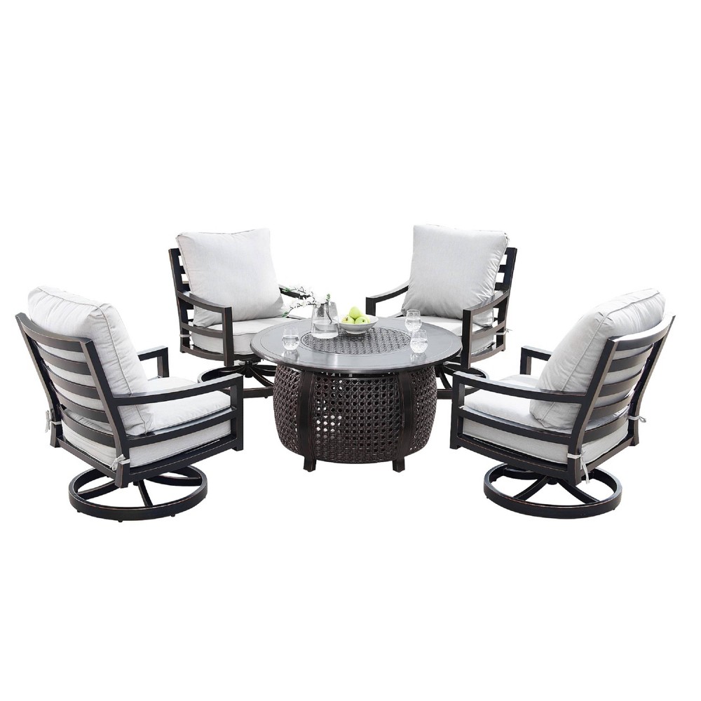 5pc Outdoor Fire Table Set with Weave 44"" Round Fire Table, 4 Deep Seating Swivel Rocking Chairs & Table Fabric Covers - Oakland Living -  85307844