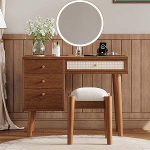 39" Wooden Makeup Vanity Set with Charging Plug &USB Port and Stool, Dressing Table with 3 Storage Drawers and 1 Rectangular Rattan Drawer - 1 of 4