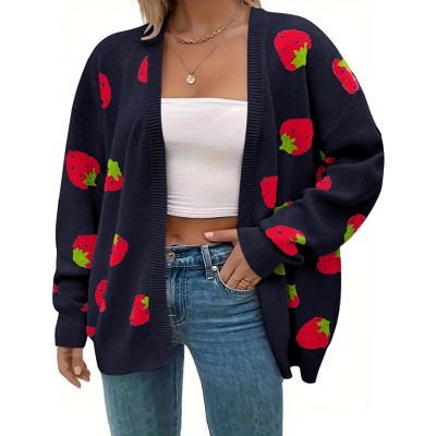 Women's Plus Size Strawberry Print Cardigan Knit Long Sleeve Loose Open Front Sweater Outerwear