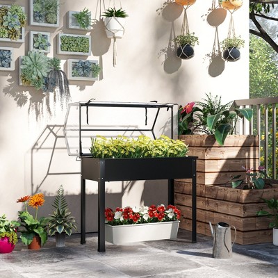 Black Steel Raised Garden Bed with Clear Greenhouse Cover