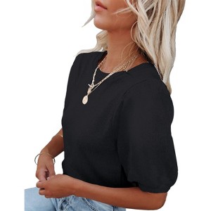 Women's Round Neck Short Sleeve Sweater Summer Casual Puff Sleeve Pullover Knit Top - 1 of 4